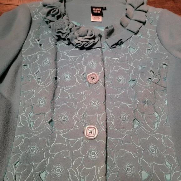 Vintage Sharon Young turquoise blue cutwork wool jacket.  Fully lined.  Size Med - Picture 6 of 12